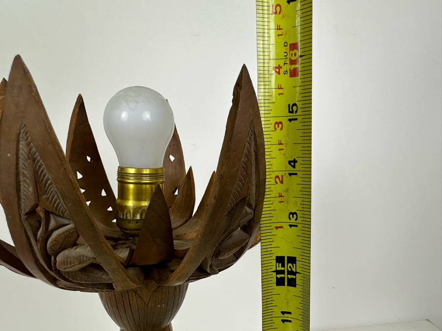 Vintage Hand Carved Wooden Blossoming Lotus Flower Table Lamp 16'H [Photo 9]