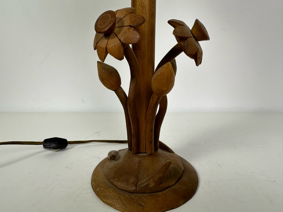 Vintage Hand Carved Wooden Blossoming Lotus Flower Table Lamp 16'H [Photo 6]