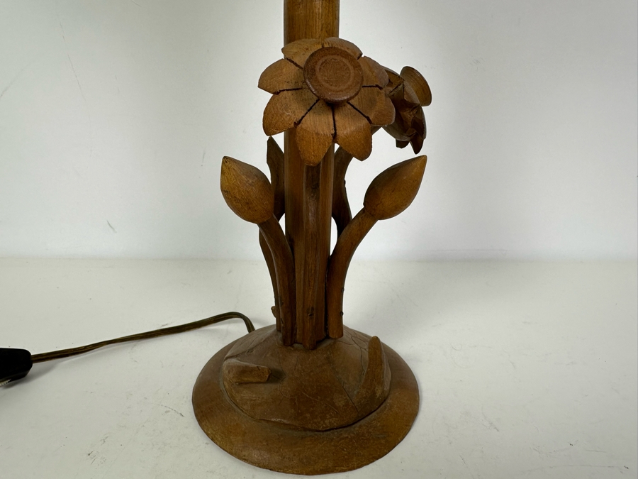 Vintage Hand Carved Wooden Blossoming Lotus Flower Table Lamp 16'H [Photo 3]