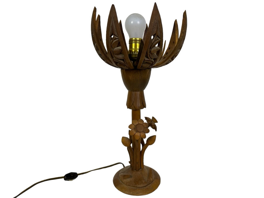 Vintage Hand Carved Wooden Blossoming Lotus Flower Table Lamp 16'H