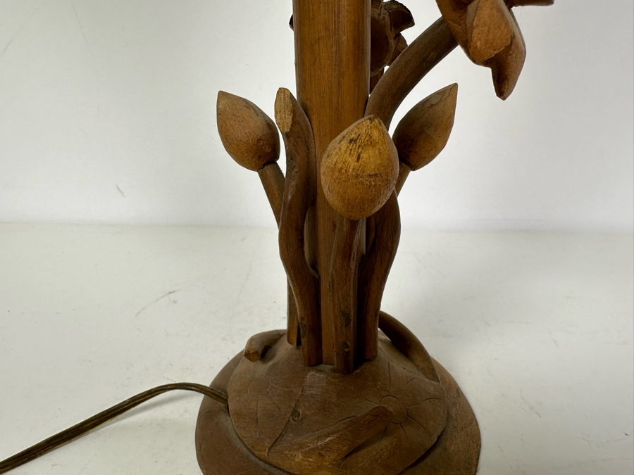 Vintage Hand Carved Wooden Blossoming Lotus Flower Table Lamp 16'H [Photo 5]