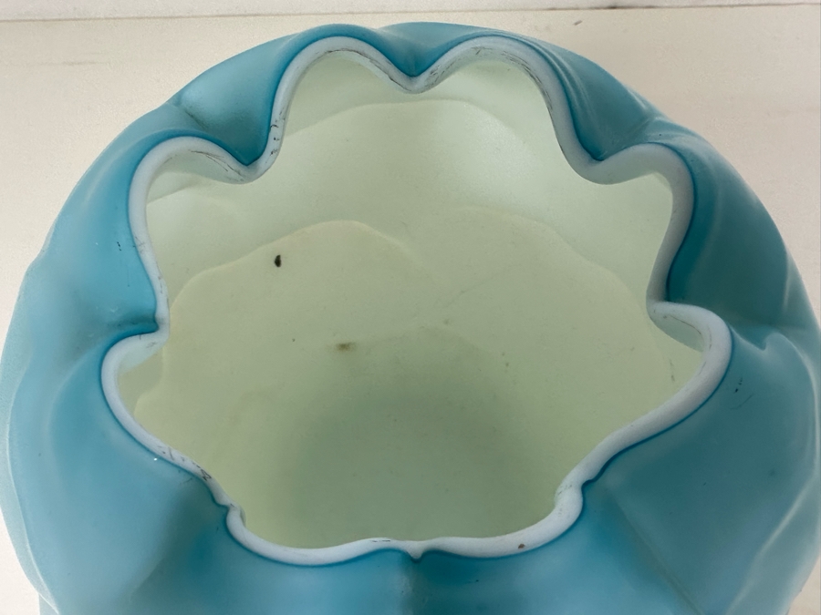 Antique Victorian Cabbage Leaf Blue Satin Glass Rose Bowl 4.5'W X 4'H [Photo 3]