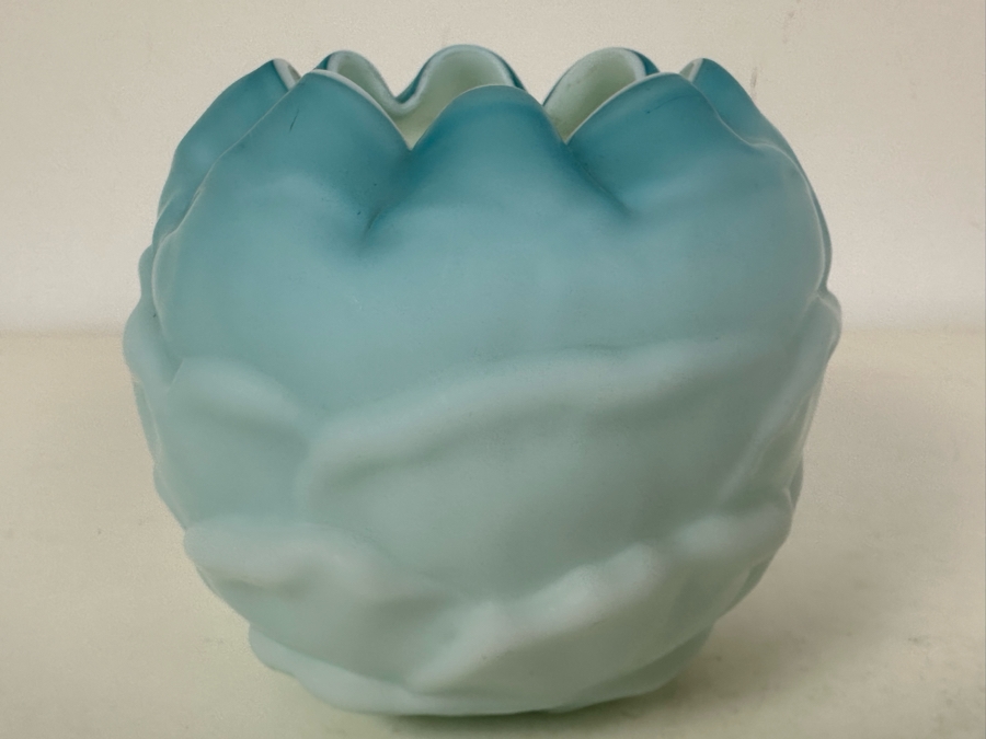 Antique Victorian Cabbage Leaf Blue Satin Glass Rose Bowl 4.5'W X 4'H [Photo 4]