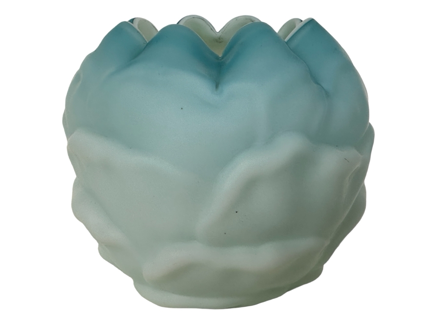 Antique Victorian Cabbage Leaf Blue Satin Glass Rose Bowl 4.5'W X 4'H [Photo 1]