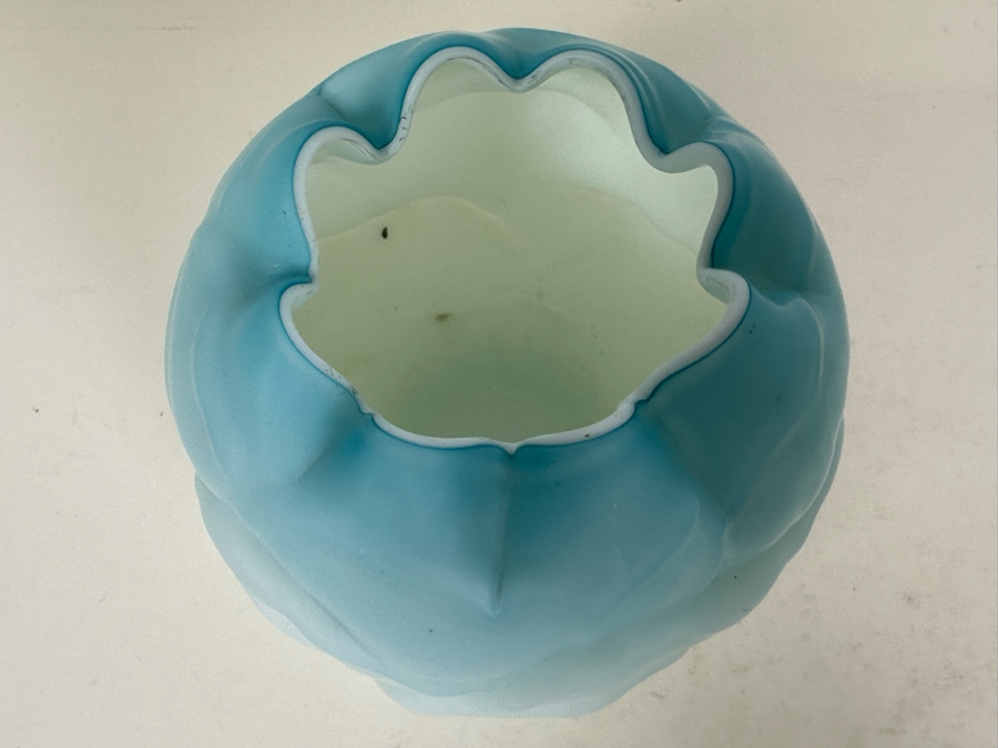 Antique Victorian Cabbage Leaf Blue Satin Glass Rose Bowl 4.5'W X 4'H [Photo 2]