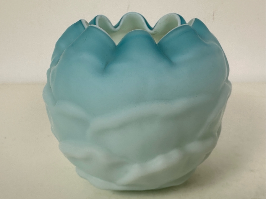 Antique Victorian Cabbage Leaf Blue Satin Glass Rose Bowl 4.5'W X 4'H [Photo 5]