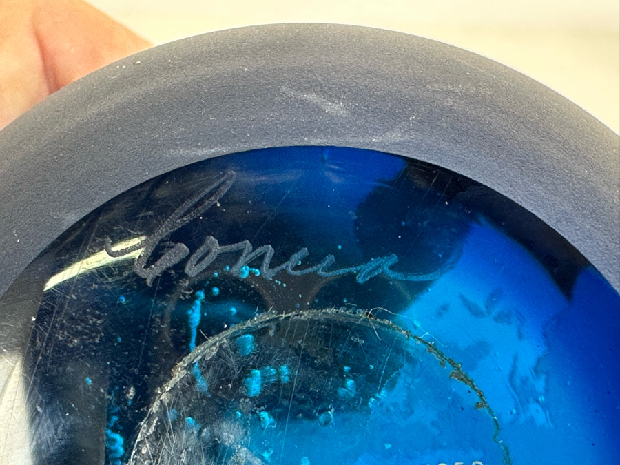 Vintage Steven Correia Blue Etched Art Glass World Globe Paperweight 4'H [Photo 9]