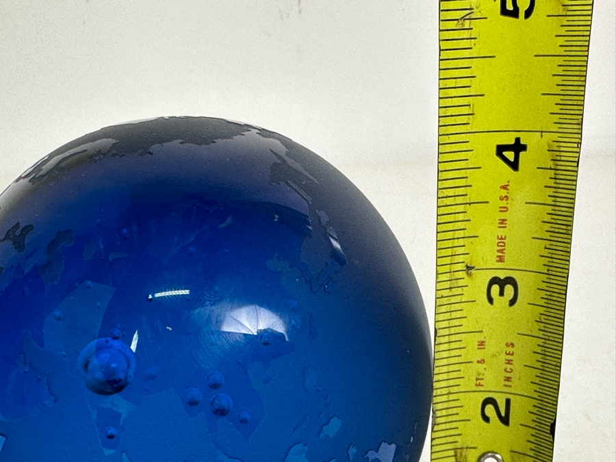 Vintage Steven Correia Blue Etched Art Glass World Globe Paperweight 4'H [Photo 12]