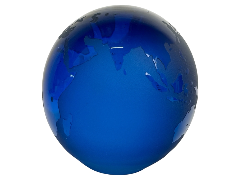 Vintage Steven Correia Blue Etched Art Glass World Globe Paperweight 4'H [Photo 1]