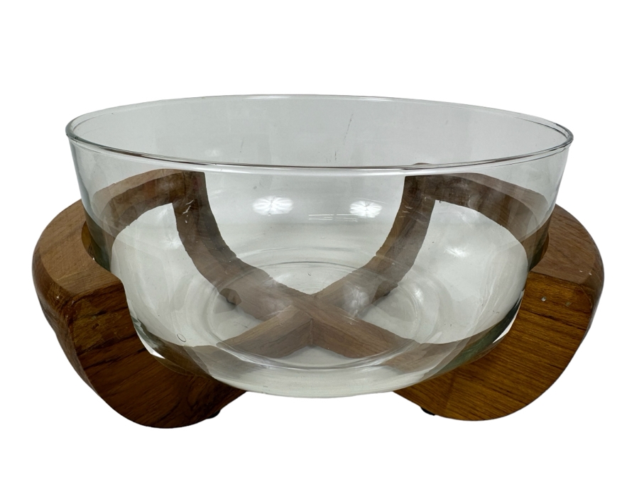 Vintage Mid-Century Teak Bowl Holder With Glass Bowl 11.5'W X 6'H [Photo 1]