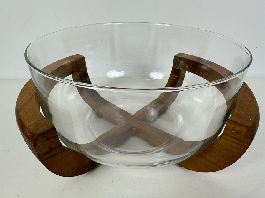 Vintage Mid-Century Teak Bowl Holder With Glass Bowl 11.5'W X 6'H [Photo 2]
