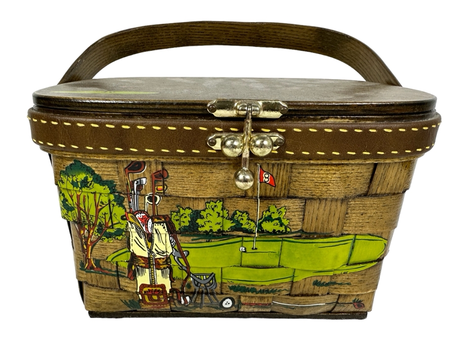Vintage Hand Painted Golf Themed Basket Purse Handbag By Caro Nan 8.5'W X 4.5'D X 6'H