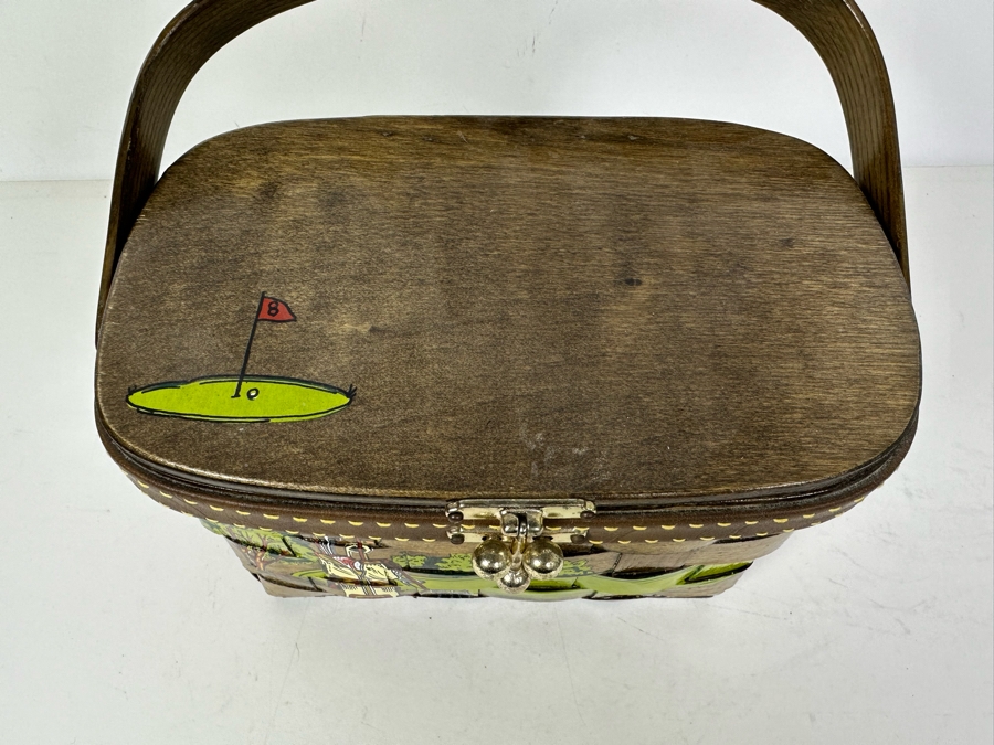 Vintage Hand Painted Golf Themed Basket Purse Handbag By Caro Nan 8.5'W X 4.5'D X 6'H [Photo 3]