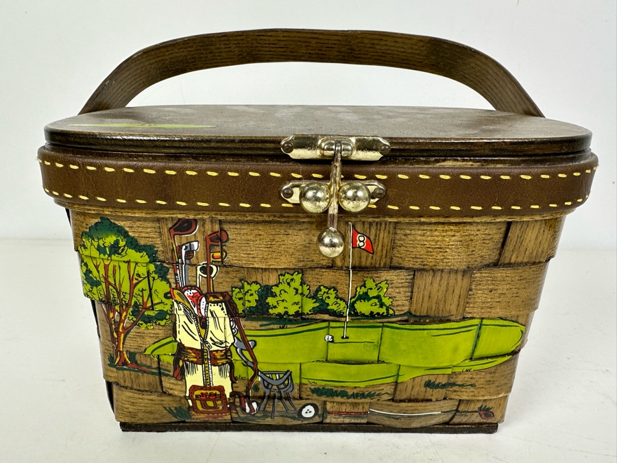 Vintage Hand Painted Golf Themed Basket Purse Handbag By Caro Nan 8.5'W X 4.5'D X 6'H [Photo 2]