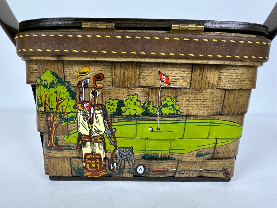 Vintage Hand Painted Golf Themed Basket Purse Handbag By Caro Nan 8.5'W X 4.5'D X 6'H [Photo 4]