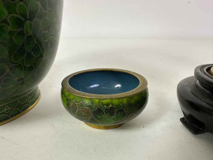 Collection Of Vintage Chinese Green Cloisonne Vases & Jars Vase In Middle Is 9'H [Photo 6]