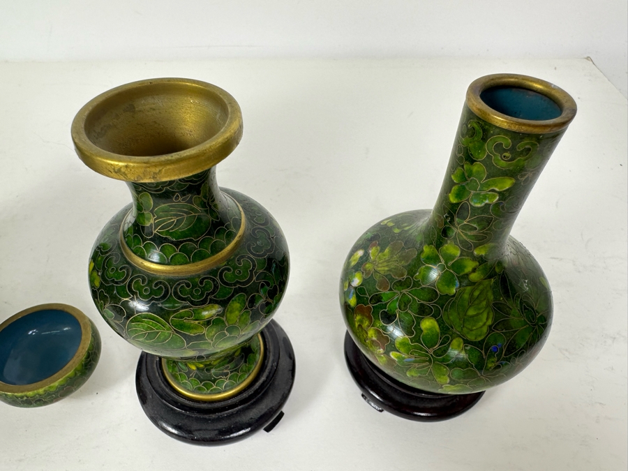 Collection Of Vintage Chinese Green Cloisonne Vases & Jars Vase In Middle Is 9'H [Photo 5]