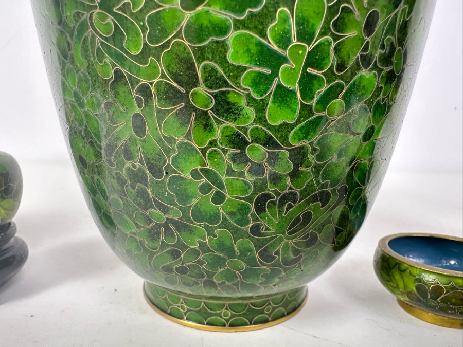 Collection Of Vintage Chinese Green Cloisonne Vases & Jars Vase In Middle Is 9'H [Photo 3]