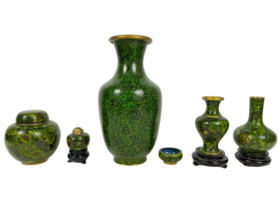 Collection Of Vintage Chinese Green Cloisonne Vases & Jars Vase In Middle Is 9'H [Photo 1]