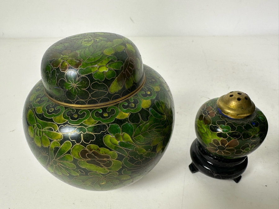 Collection Of Vintage Chinese Green Cloisonne Vases & Jars Vase In Middle Is 9'H [Photo 8]