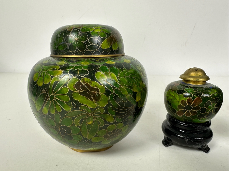 Collection Of Vintage Chinese Green Cloisonne Vases & Jars Vase In Middle Is 9'H [Photo 7]
