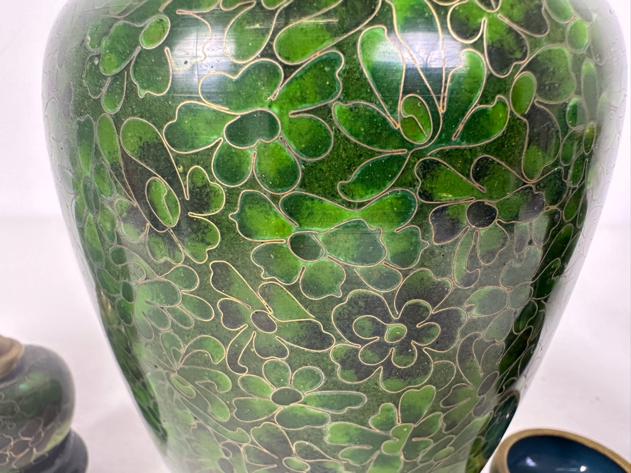 Collection Of Vintage Chinese Green Cloisonne Vases & Jars Vase In Middle Is 9'H [Photo 2]