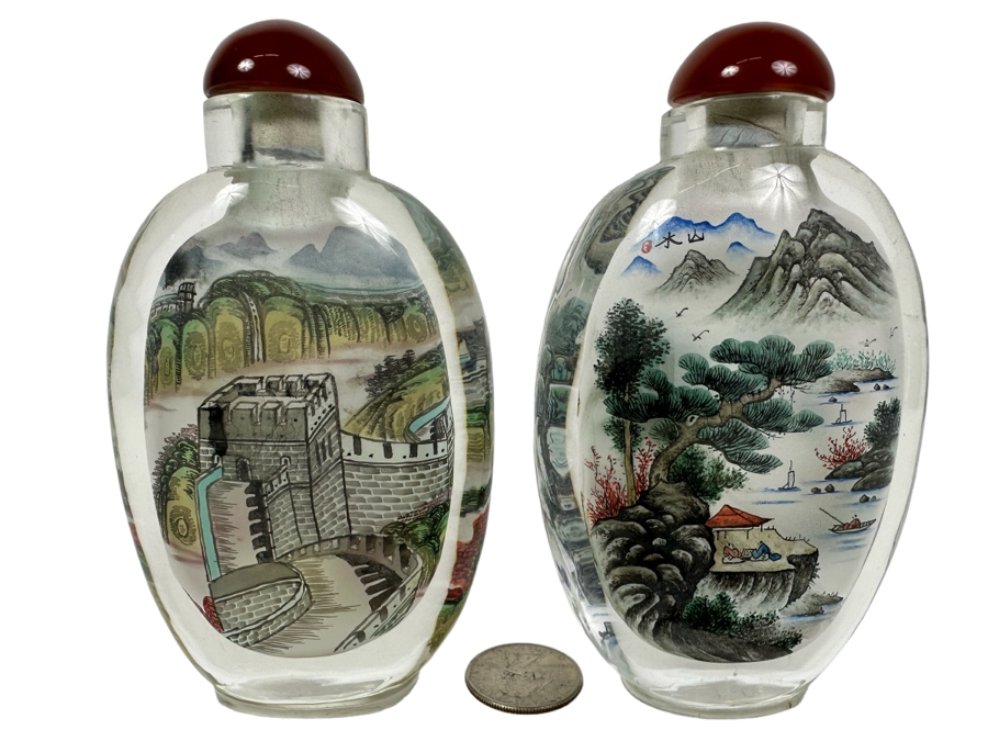 Pair Of Chinese Reverse Painted Snuff Bottles 5'H