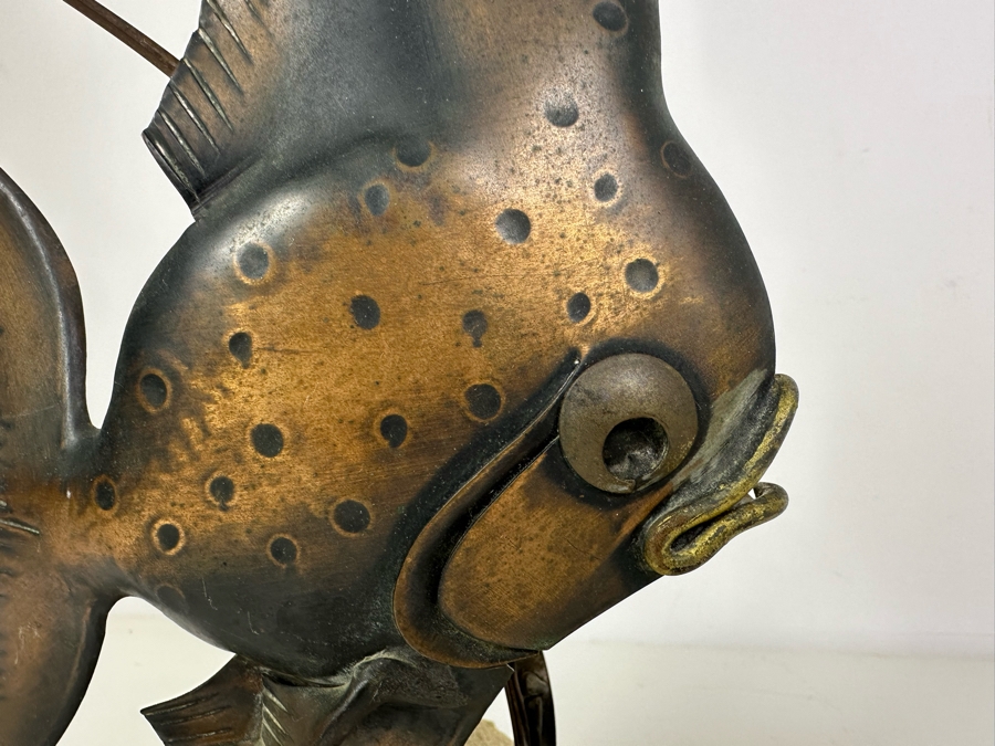 Vintage Artist Signed Metal Fish Sculpture On Stone Base 13'H [Photo 3]
