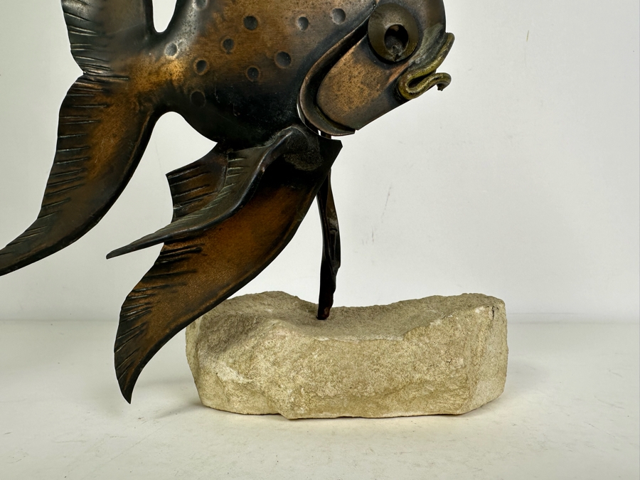 Vintage Artist Signed Metal Fish Sculpture On Stone Base 13'H [Photo 4]