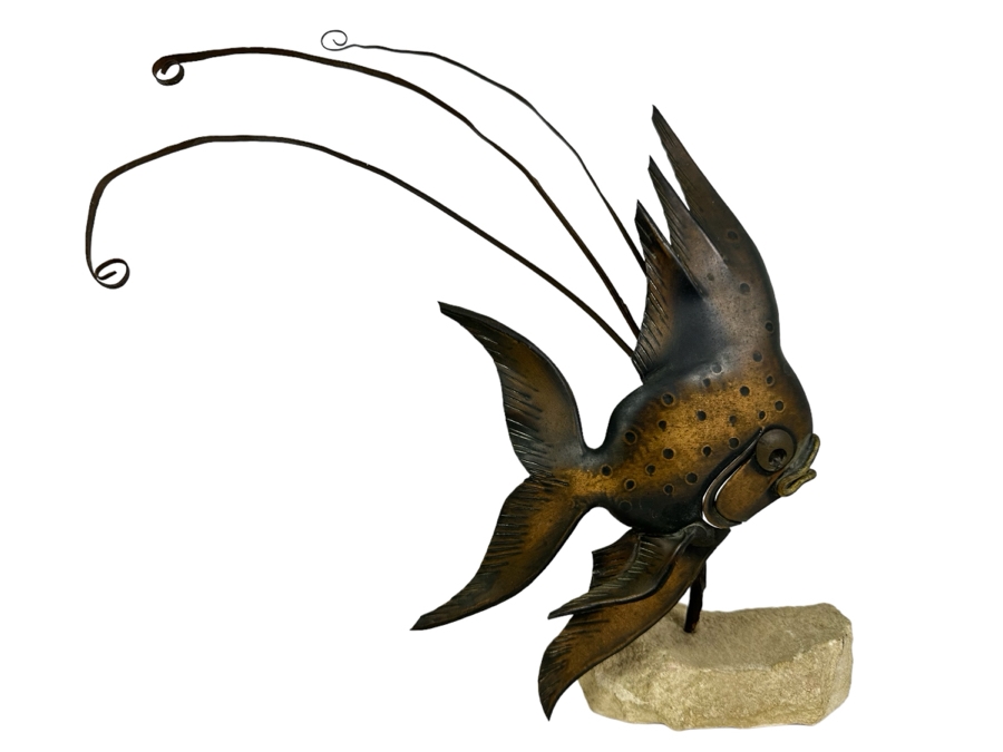 Vintage Artist Signed Metal Fish Sculpture On Stone Base 13'H [Photo 1]