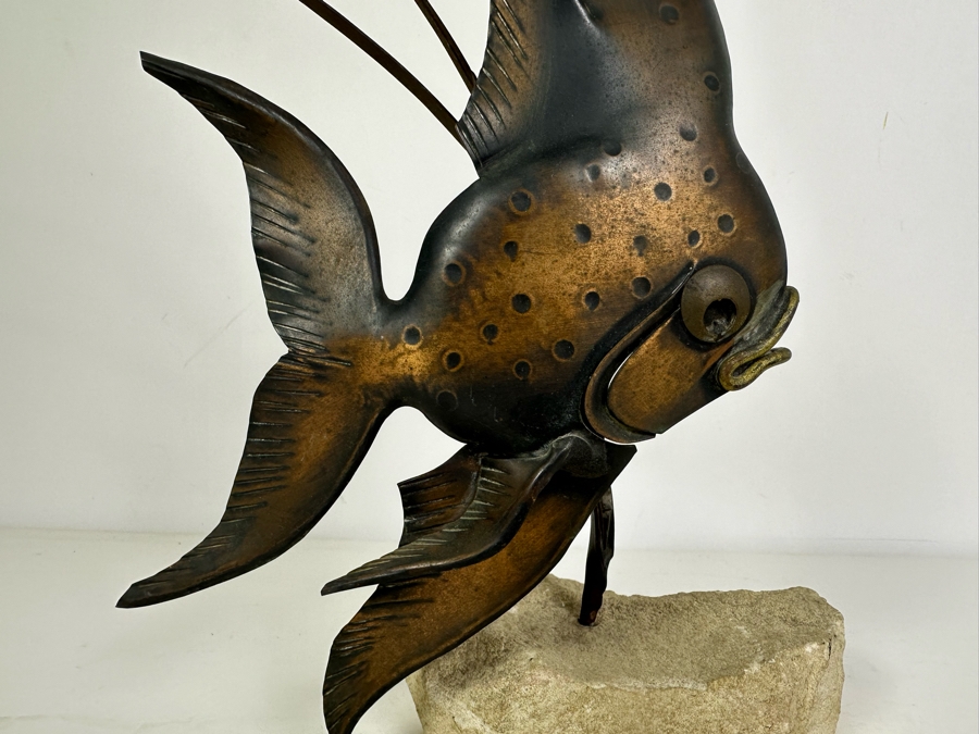 Vintage Artist Signed Metal Fish Sculpture On Stone Base 13'H [Photo 2]