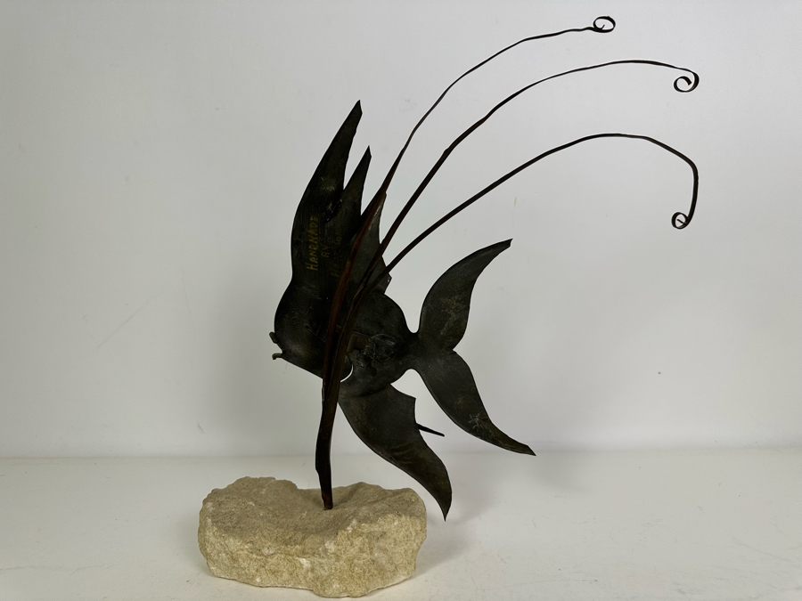 Vintage Artist Signed Metal Fish Sculpture On Stone Base 13'H [Photo 5]