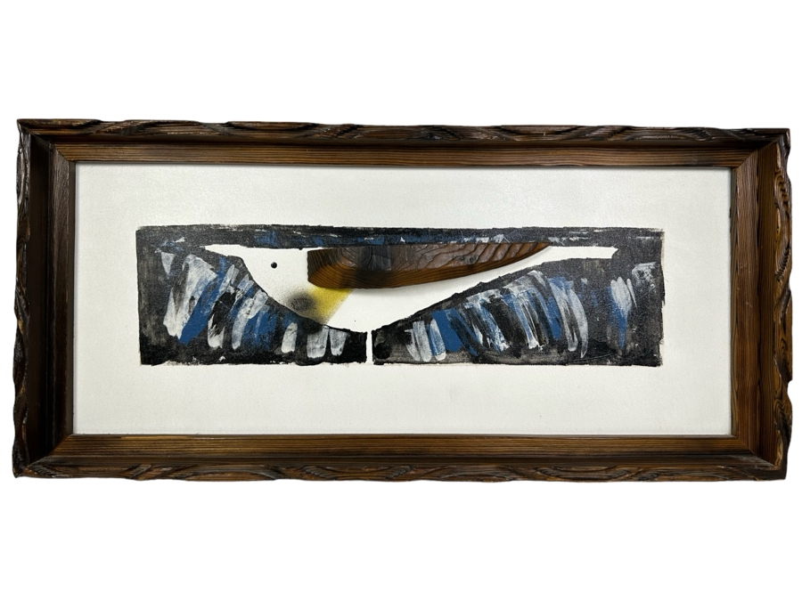 Vintage Mid-Century Modern Witco Sculptural Grey Gull Abstract Bird Painting With Wooden Wing And Frame 31.5'W X 14.5'H