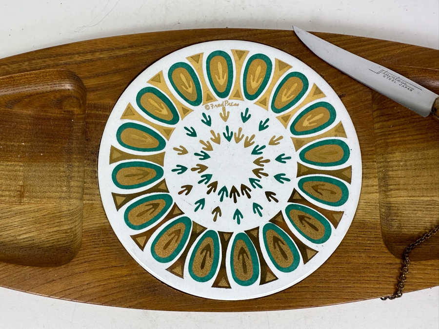 Vintage MCM Fred Press Wooden Cheese Board Snack Tray With Cutting Knife 18.5'W X 7'H [Photo 2]