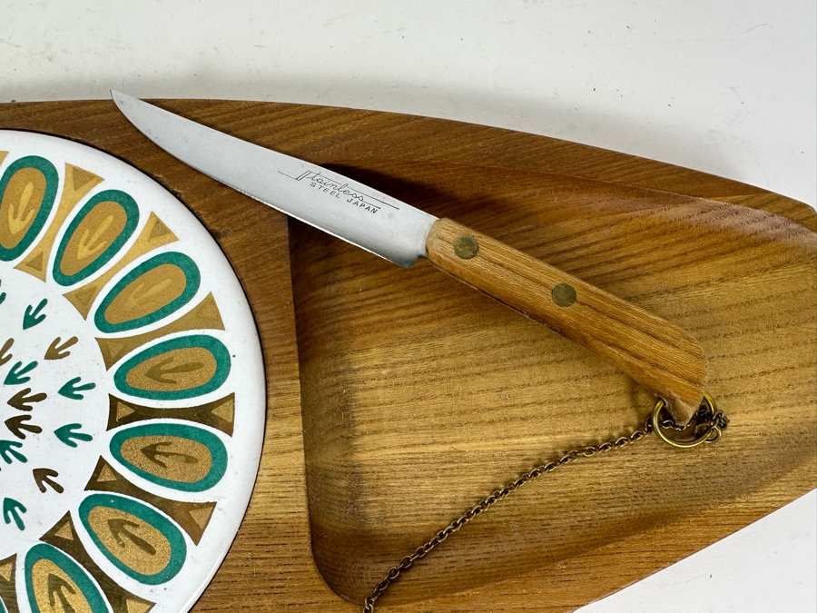 Vintage MCM Fred Press Wooden Cheese Board Snack Tray With Cutting Knife 18.5'W X 7'H [Photo 4]