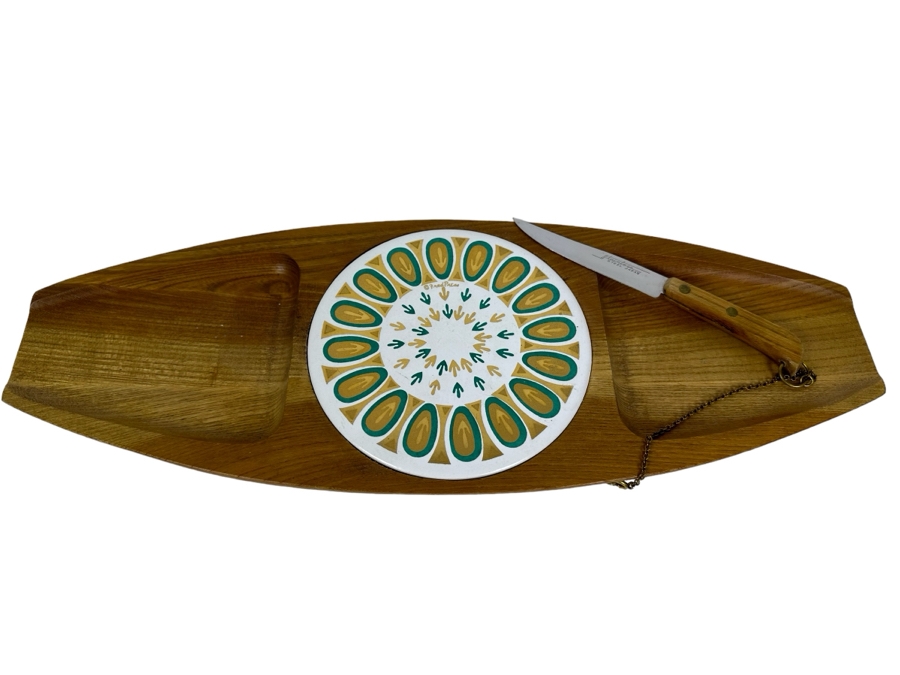 Vintage MCM Fred Press Wooden Cheese Board Snack Tray With Cutting Knife 18.5'W X 7'H [Photo 1]