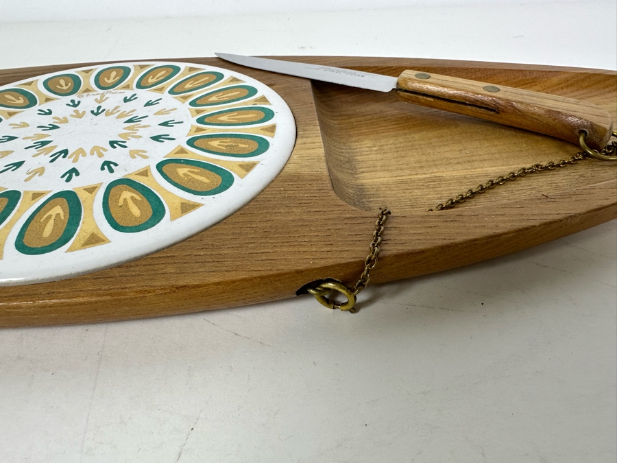 Vintage MCM Fred Press Wooden Cheese Board Snack Tray With Cutting Knife 18.5'W X 7'H [Photo 5]