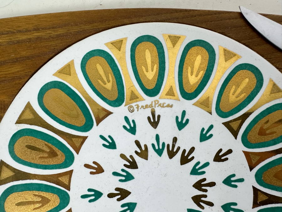 Vintage MCM Fred Press Wooden Cheese Board Snack Tray With Cutting Knife 18.5'W X 7'H [Photo 3]