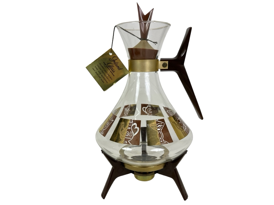 Vintage Mid-Century Modern Inland Glass Carafe With 22-Carat Gold Decorations New With Tags 13'H