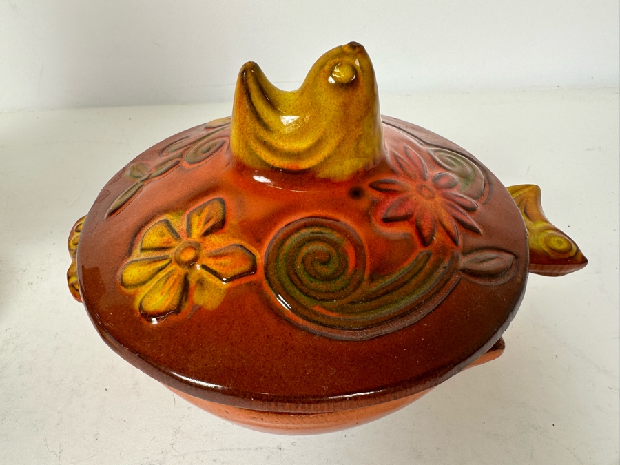 Vintage MCM Cermaic Bird Figurine 12'H And Vintage 1967 Covered Stoneware Pottery Bowl People Lovers By B Welsh [Photo 4]