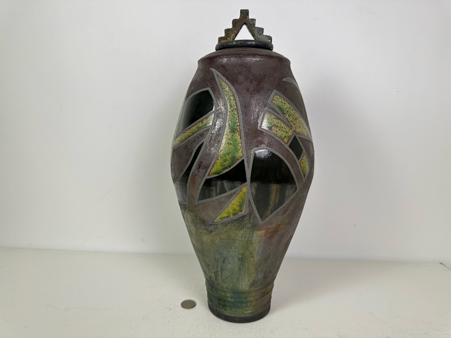 Vintage Signed Raku Pottery With Lid 19'H [Photo 2]