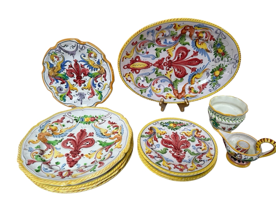 Collection Of Vintage Italian Pottery Pieces: 14'W Platter, 10' Plates, 7.25' Plates - 11 Pieces 