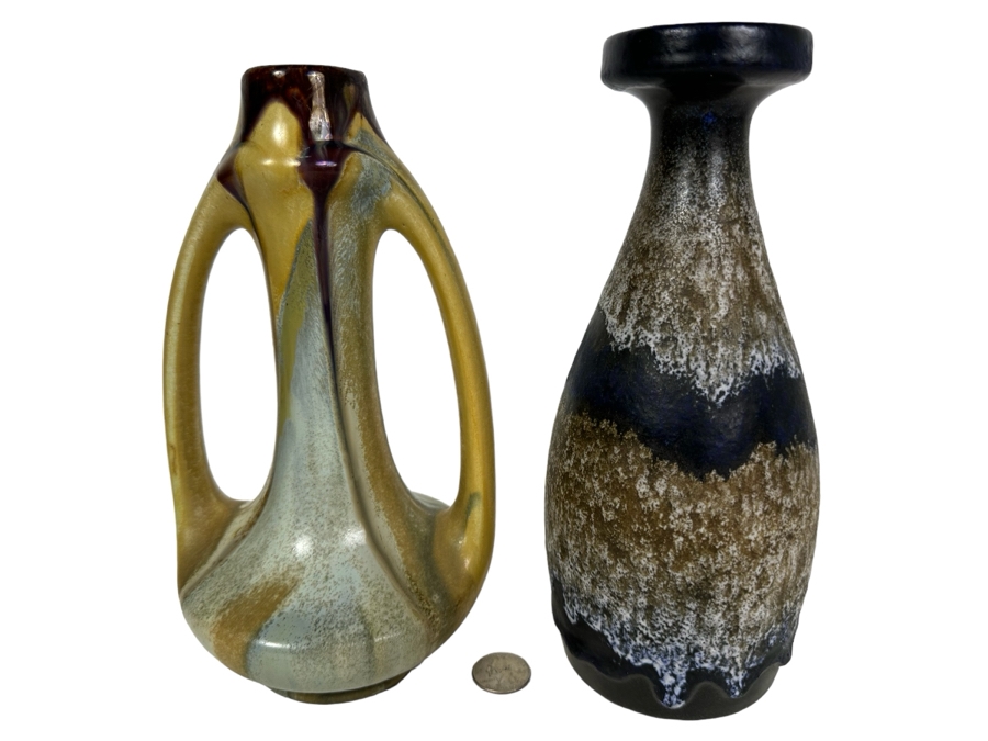 Vintage Glazed Art Pottery Vases From Belgium (L) & Germany (R) 9'H [Photo 1]