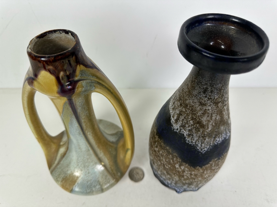 Vintage Glazed Art Pottery Vases From Belgium (L) & Germany (R) 9'H [Photo 2]