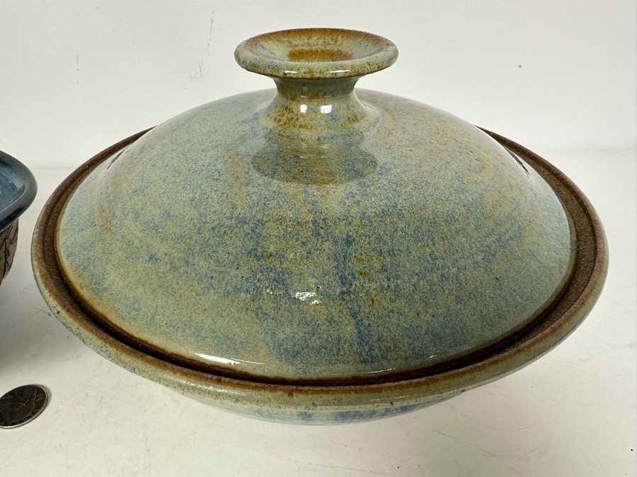Vintage Signed Greer Art Pottery Bowl 9'W And Signed Cuzick Art Pottery Covered Bowl 10'W [Photo 3]