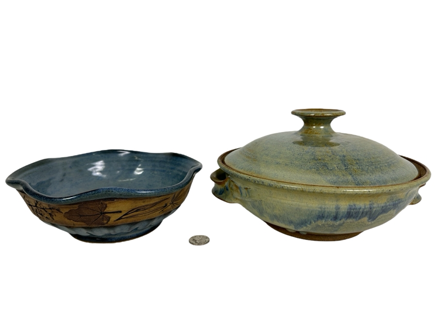 Vintage Signed Greer Art Pottery Bowl 9'W And Signed Cuzick Art Pottery Covered Bowl 10'W [Photo 1]