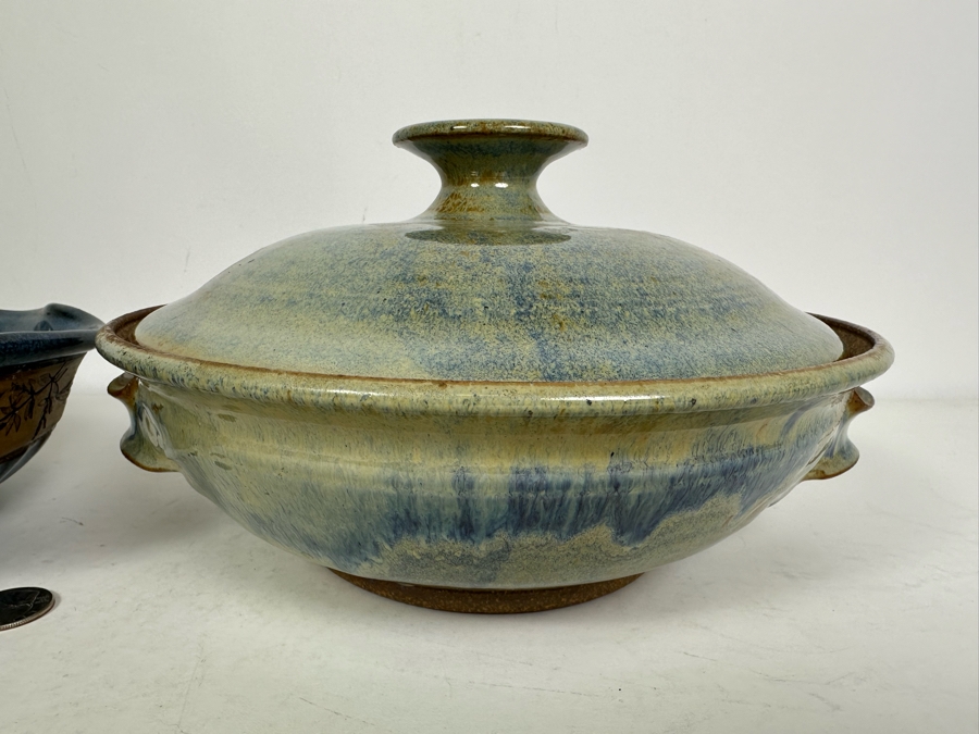 Vintage Signed Greer Art Pottery Bowl 9'W And Signed Cuzick Art Pottery Covered Bowl 10'W [Photo 2]