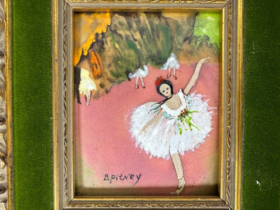 Vintage Belgium Enamel Painting On Copper Artwork Signed B. Pitney Of Ballerina 4' X 5' Framed 7' X 8' [Photo 3]