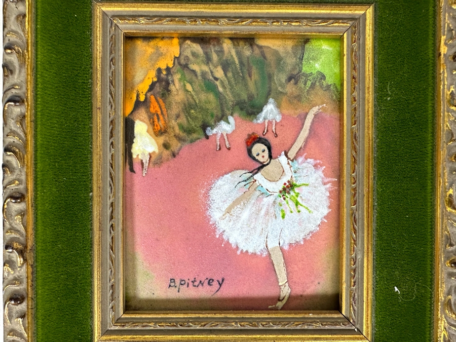 Vintage Belgium Enamel Painting On Copper Artwork Signed B. Pitney Of Ballerina 4' X 5' Framed 7' X 8' [Photo 2]