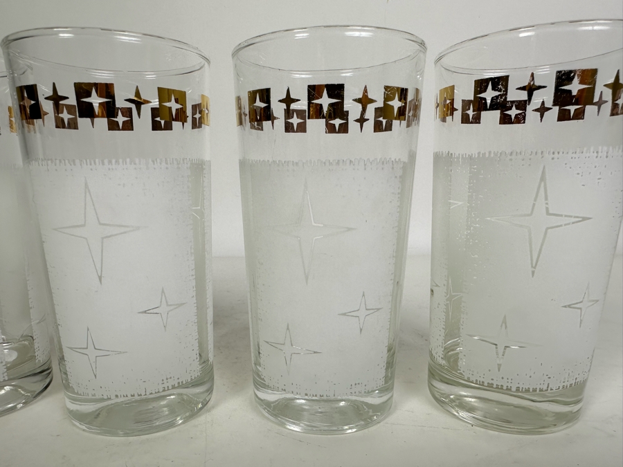 Four Vintage Atomic Sunburst Cosmic White & Gold Drinking Glasses 5.5'H [Photo 2]